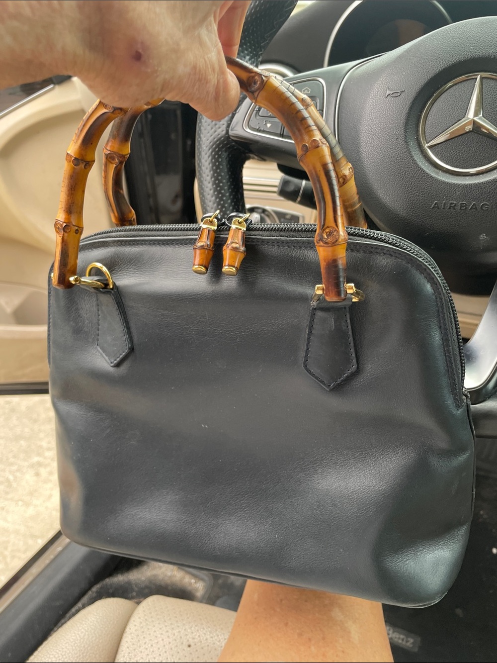 Black Leather GUCCI shell Satchel with Bamboo Handles that are vintage desirable